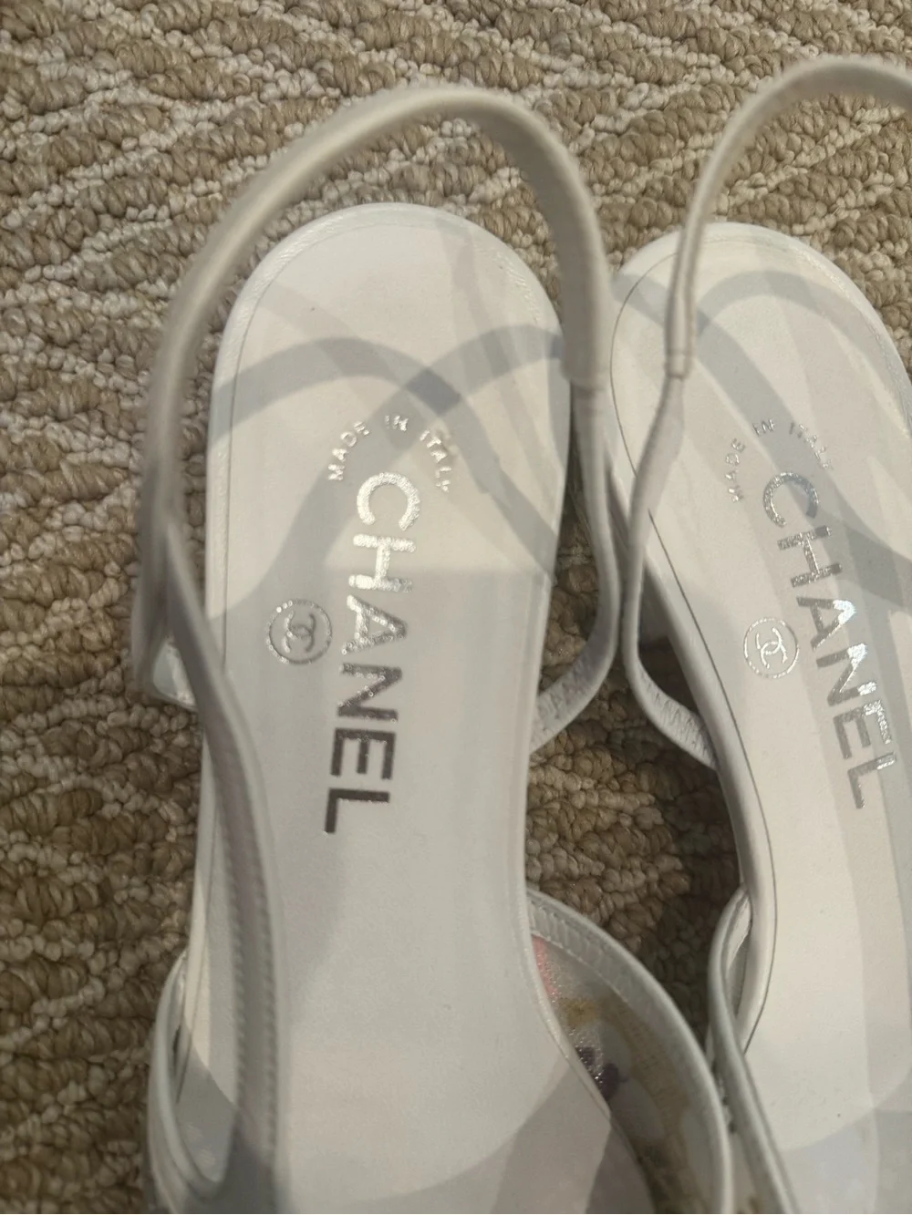 CHANEL White Multicolor Canvas Patent Cap Toe Slingback Flats